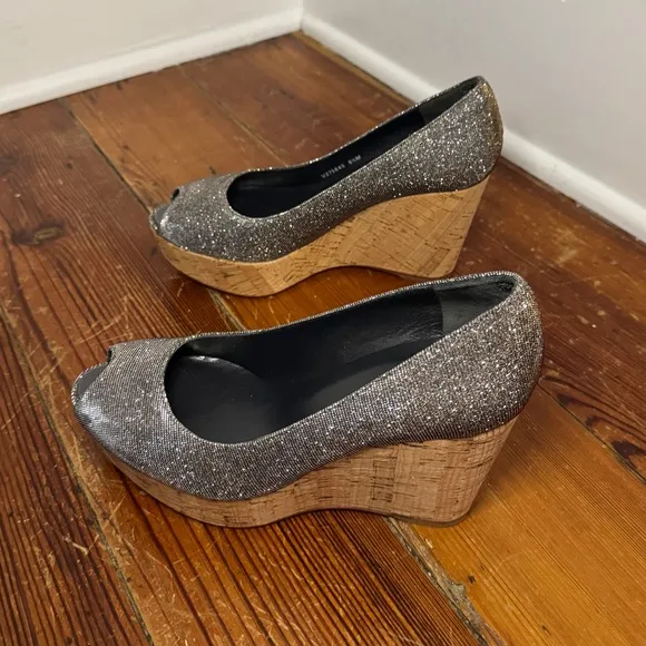 New Stuart Weitzman Gold Silver Tan Anna Cork Platform Wedges Size 6.5 M $430