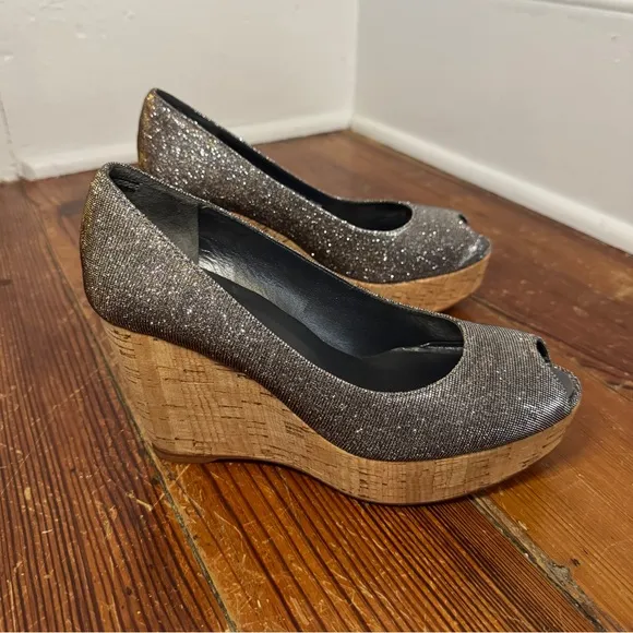 New Stuart Weitzman Gold Silver Tan Anna Cork Platform Wedges Size 6.5 M $430