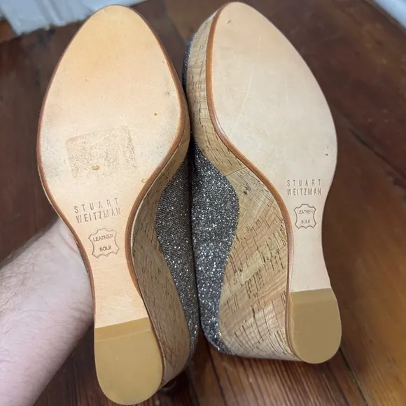 New Stuart Weitzman Gold Silver Tan Anna Cork Platform Wedges Size 6.5 M $430