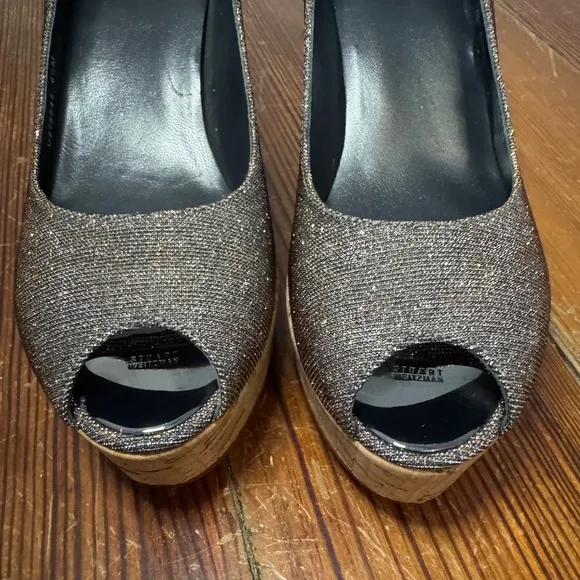 New Stuart Weitzman Gold Silver Tan Anna Cork Platform Wedges Size 6.5 M $430
