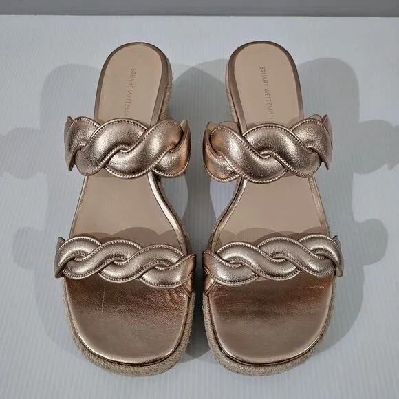NEW Stuart Weitzman Twist Espadrille Wedge Sandal Rose Gold Leather Jute Size 10