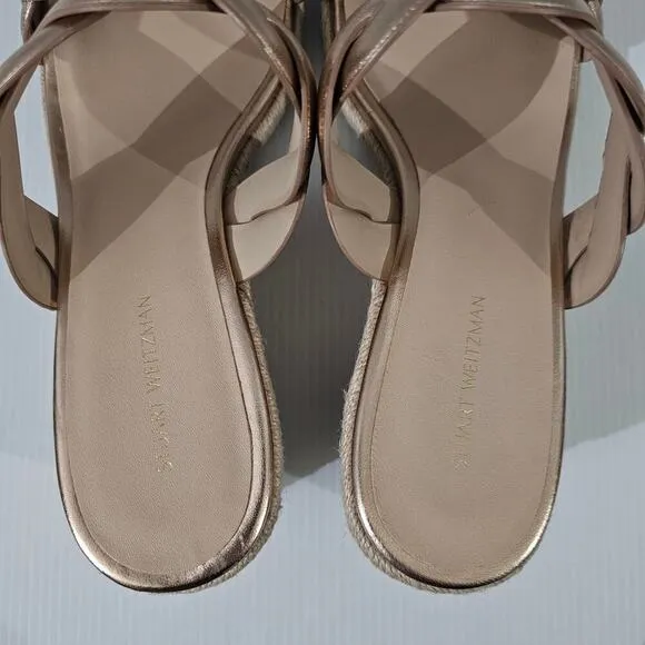 NEW Stuart Weitzman Twist Espadrille Wedge Sandal Rose Gold Leather Jute Size 10