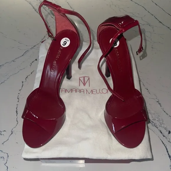 NEW TAMARA MELLON WHISPER 90 Red Patent Leather Peep Heels Shoes {$650} 39.5