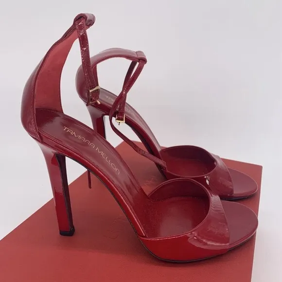 NEW TAMARA MELLON WHISPER 90 Red Patent Leather Peep Heels Shoes {$650} 39.5