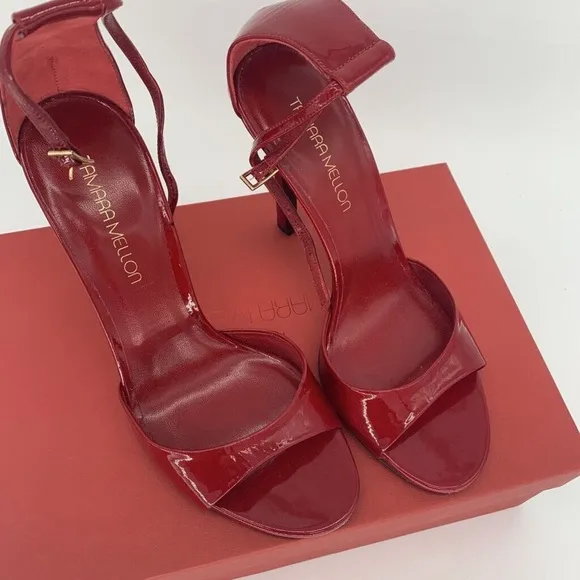 NEW TAMARA MELLON WHISPER 90 Red Patent Leather Peep Heels Shoes {$650} 39.5