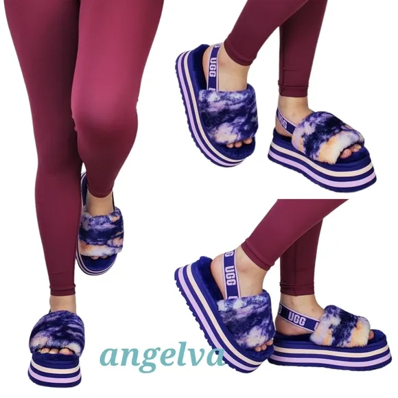 New Ugg disco slide stripe graphic strap platform slippers sandals violet night