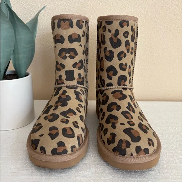 New UGG Plush Tan Leopard Print Leather Kids Boots Girls 5
