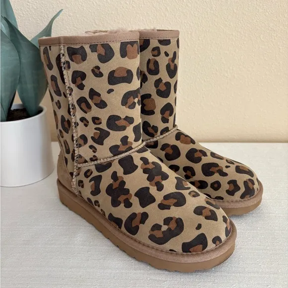 New UGG Plush Tan Leopard Print Leather Kids Boots Girls 5