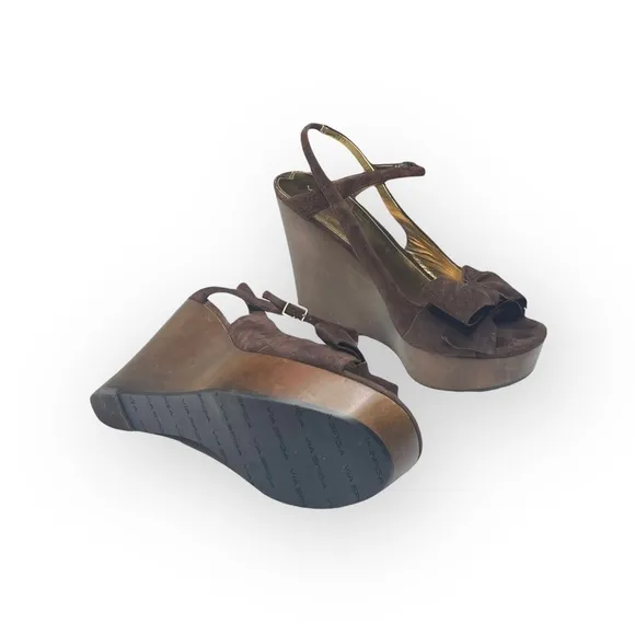 new Via Spiga ❤︎ Wood Platform Bow Strappy Sandals ❤︎ Chocolate Suede ❤︎ 10.5M