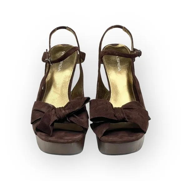 new Via Spiga ❤︎ Wood Platform Bow Strappy Sandals ❤︎ Chocolate Suede ❤︎ 10.5M