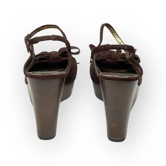new Via Spiga ❤︎ Wood Platform Bow Strappy Sandals ❤︎ Chocolate Suede ❤︎ 10.5M