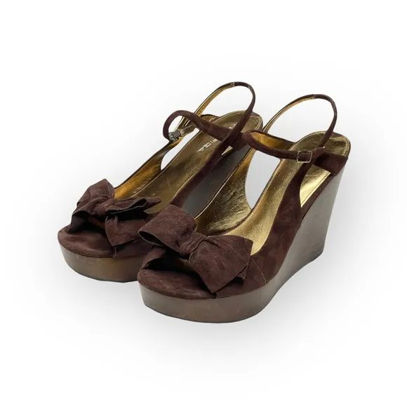 new Via Spiga ❤︎ Wood Platform Bow Strappy Sandals ❤︎ Chocolate Suede ❤︎ 10.5M