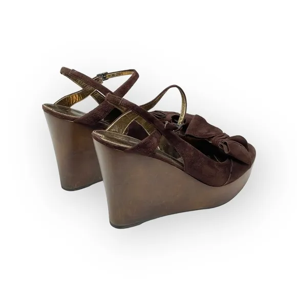 new Via Spiga ❤︎ Wood Platform Bow Strappy Sandals ❤︎ Chocolate Suede ❤︎ 10.5M