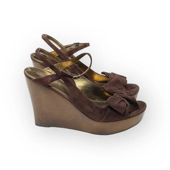 new Via Spiga ❤︎ Wood Platform Bow Strappy Sandals ❤︎ Chocolate Suede ❤︎ 10.5M