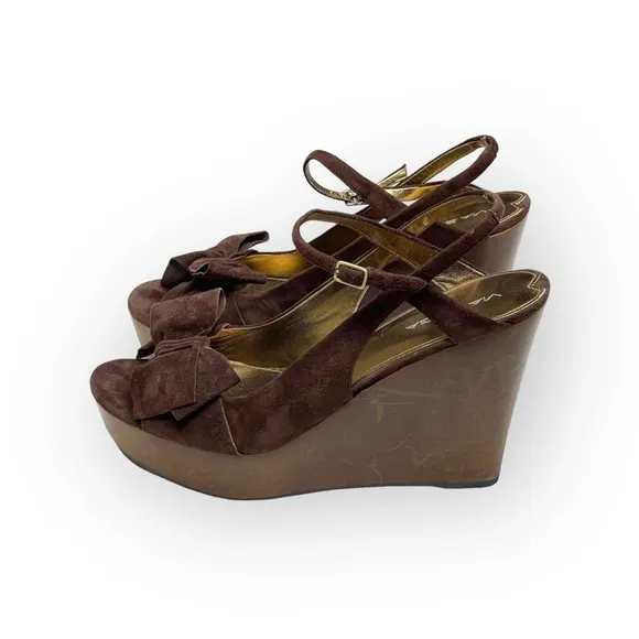 new Via Spiga ❤︎ Wood Platform Bow Strappy Sandals ❤︎ Chocolate Suede ❤︎ 10.5M