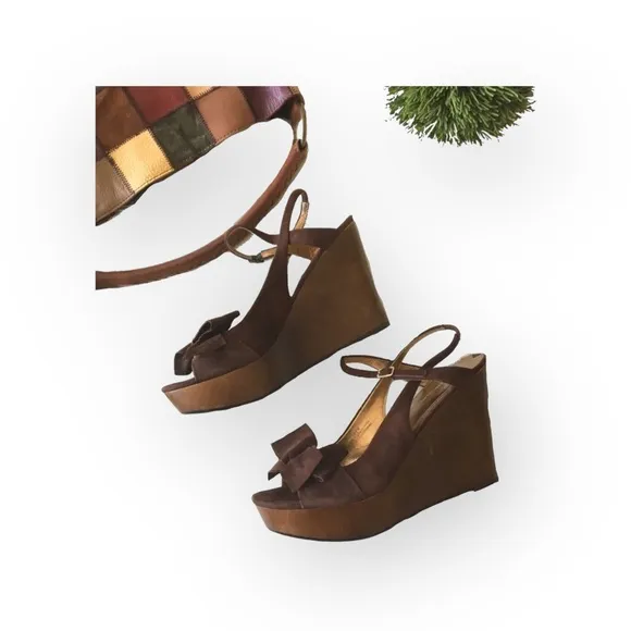 new Via Spiga ❤︎ Wood Platform Bow Strappy Sandals ❤︎ Chocolate Suede ❤︎ 10.5M