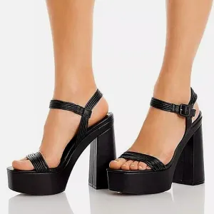 New w/Box Aqua Sweet Vegan Leather Black Platform Block Heel Dress Sandals