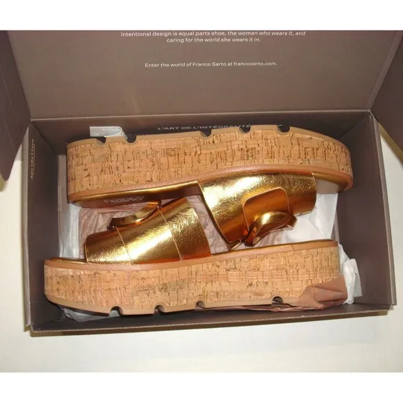 New Womens 11 M Sandal Shoe Franco Sarto Wedge Platform Slide Metallic Gold NIB