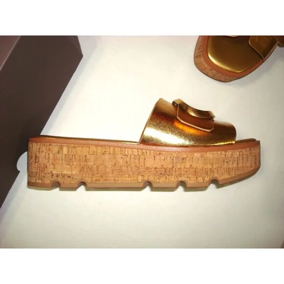 New Womens 11 M Sandal Shoe Franco Sarto Wedge Platform Slide Metallic Gold NIB