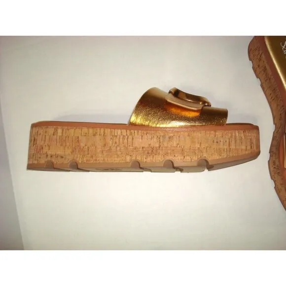 New Womens 11 M Sandal Shoe Franco Sarto Wedge Platform Slide Metallic Gold NIB