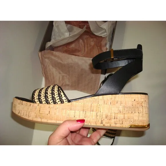 New Womens 11 M Sandals Shoes Franco Sarto Wedge Terry Platform Black Raffia NIB