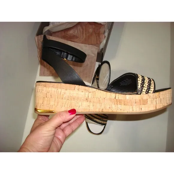 New Womens 11 M Sandals Shoes Franco Sarto Wedge Terry Platform Black Raffia NIB