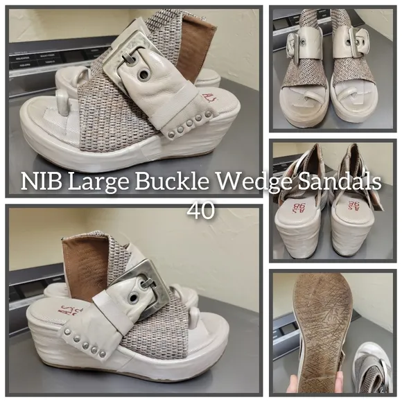 NIB A.S.98 Large Buckle Wedge Platform Sandals 40