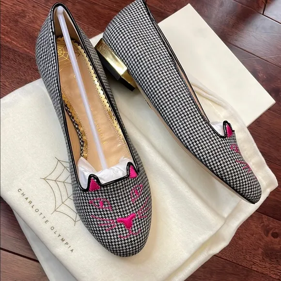 NIB Charlotte Olympia Italy Kitty Houndstooth Wool Leather Flats
