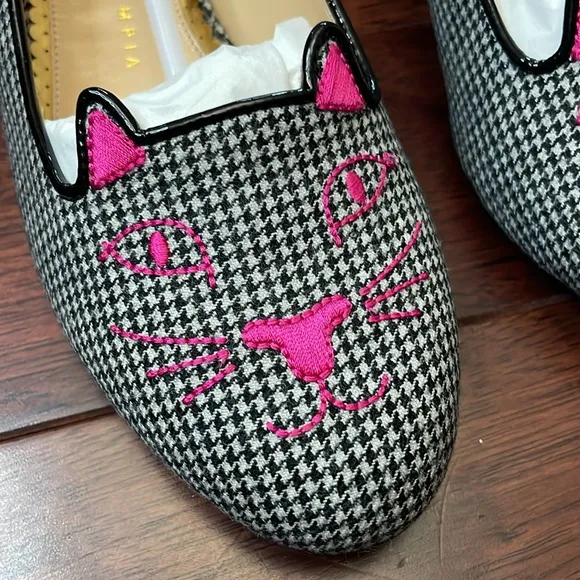 NIB Charlotte Olympia Italy Kitty Houndstooth Wool Leather Flats