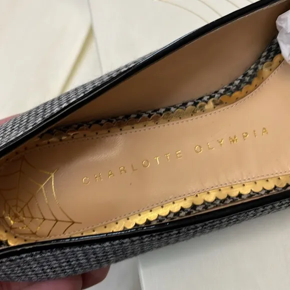 NIB Charlotte Olympia Italy Kitty Houndstooth Wool Leather Flats
