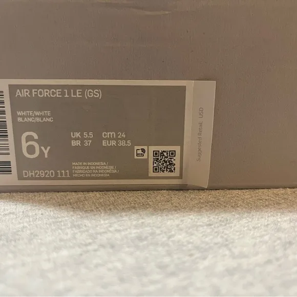 Nike Air Force 1 LE GS 'Triple White' Size 6Y/Women's Size 7.5 DH2920 111
