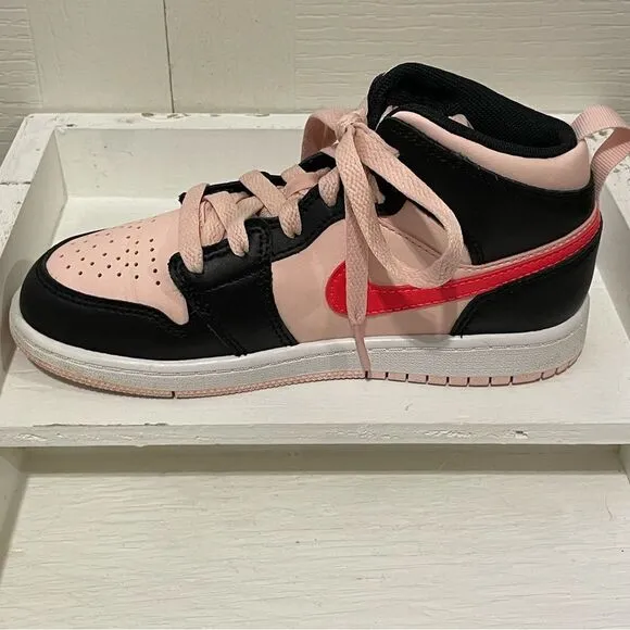 Nike Air Jordan 1 Mid GS Atmosphere Shoes Black Pink Crimson Kids 1Y