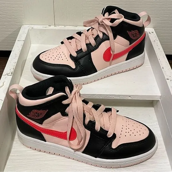 Nike Air Jordan 1 Mid GS Atmosphere Shoes Black Pink Crimson Kids 1Y