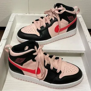 Nike Air Jordan 1 Mid GS Atmosphere Shoes Black Pink Crimson Kids 1Y