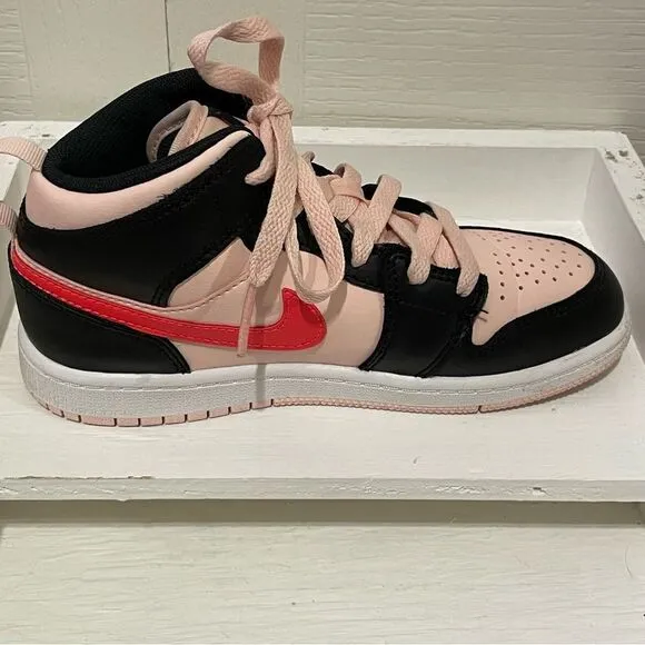Nike Air Jordan 1 Mid GS Atmosphere Shoes Black Pink Crimson Kids 1Y