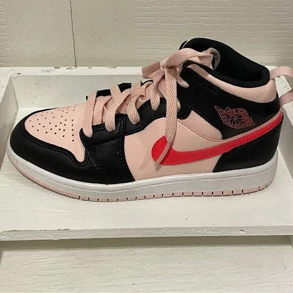 Nike Air Jordan 1 Mid GS Atmosphere Shoes Black Pink Crimson Kids 1Y