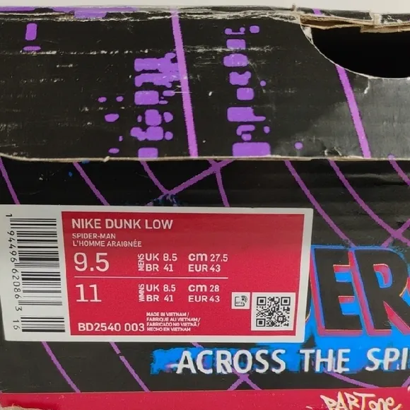 Nike Dunk Low Spider Man Men's Size 9.5 Across The Spider-Verse BD2540-003