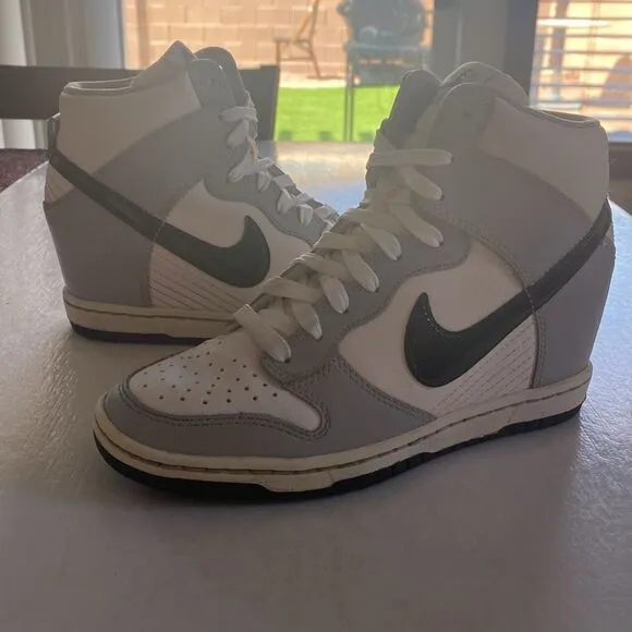 NIKE Women’s Dunk Sky High Hidden Wedge Gray White Leather Shoes # 528899-011  5