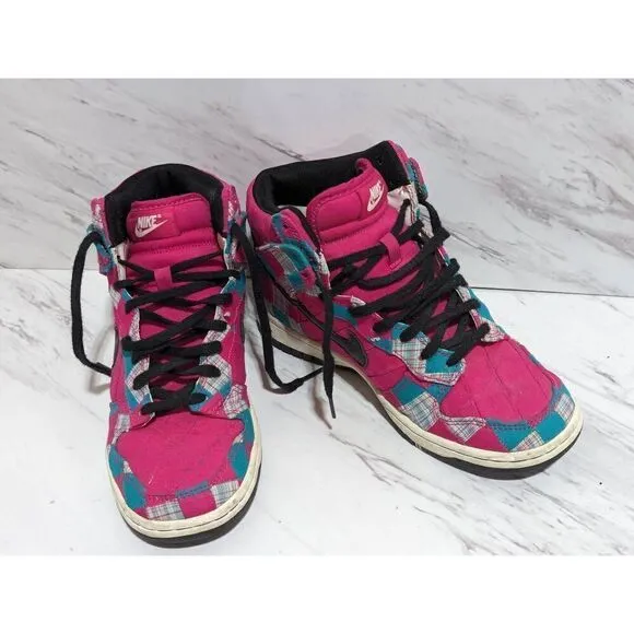 NikeiD Women's Custom Hot Pink Patchwork Fabric Hi Top Sneaker Shoes Size 6.5