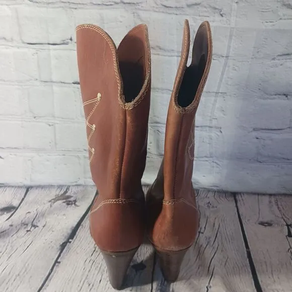 Nine West Vintage Y2K Leather Western Cowboy Boots Heel Embroidered Womens 8B