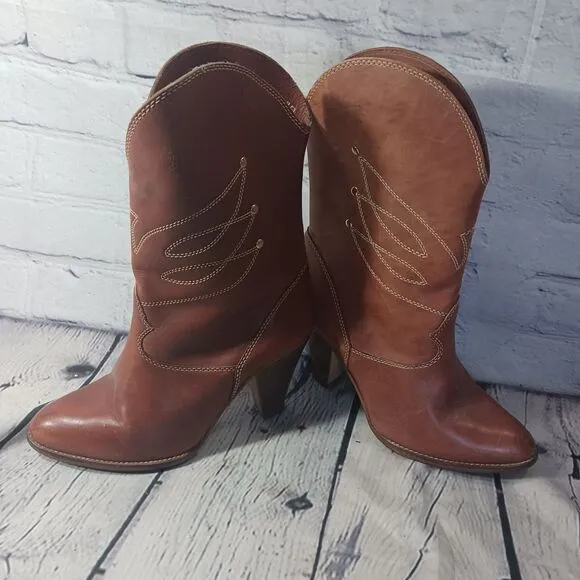 Nine West Vintage Y2K Leather Western Cowboy Boots Heel Embroidered Womens 8B