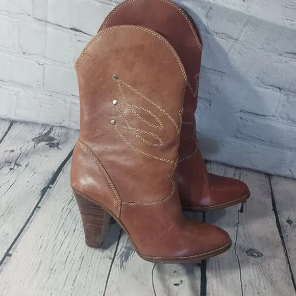 Nine West Vintage Y2K Leather Western Cowboy Boots Heel Embroidered Womens 8B