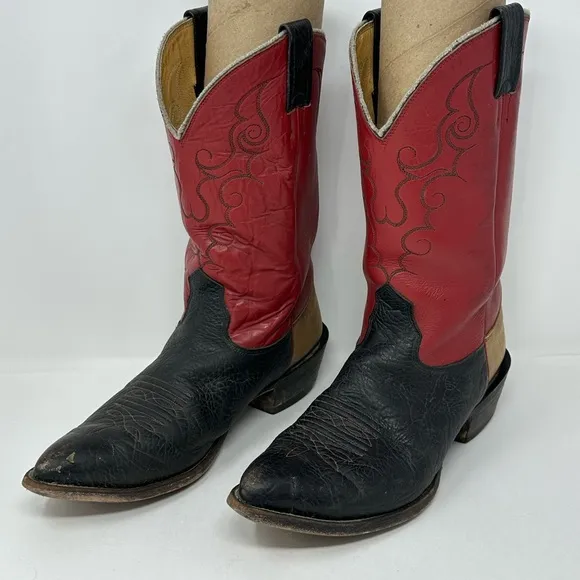 Nocona Boots Men's Sz 9.5 Red Black Brown Colorblock 98038 Western Cowboy
