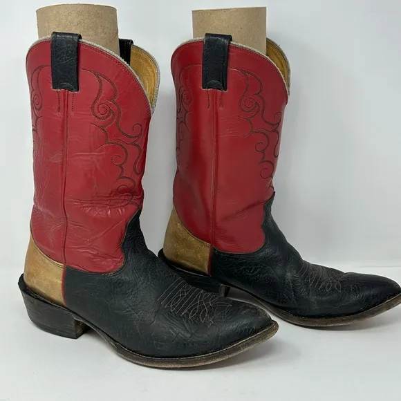 Nocona Boots Men's Sz 9.5 Red Black Brown Colorblock 98038 Western Cowboy