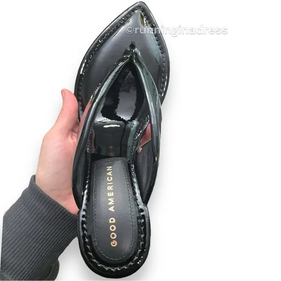 NWB Good American Cinder-F*CKING-RELLA Wedge Black Patent Thong Size 7