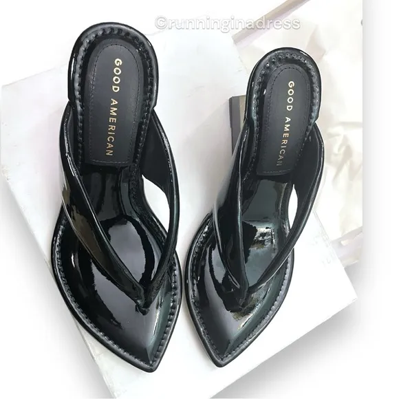 NWB Good American Cinder-F*CKING-RELLA Wedge Black Patent Thong Size 7