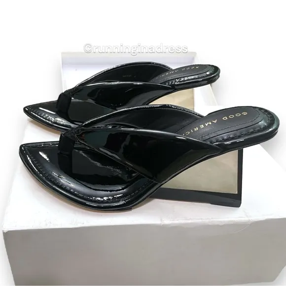 NWB Good American Cinder-F*CKING-RELLA Wedge Black Patent Thong Size 7