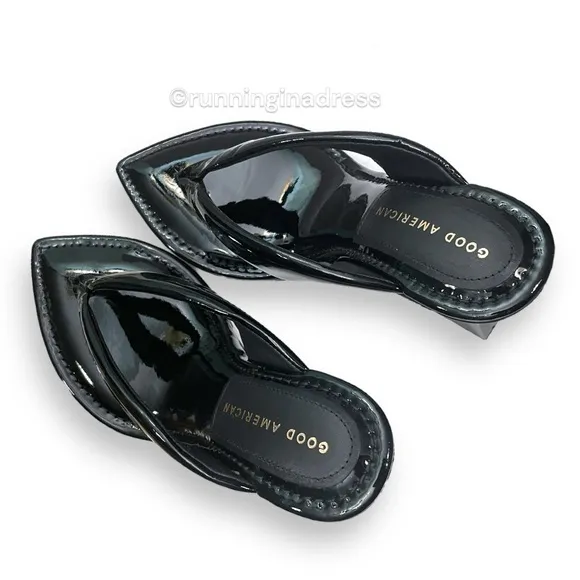 NWB Good American Cinder-F*CKING-RELLA Wedge Black Patent Thong Size 7