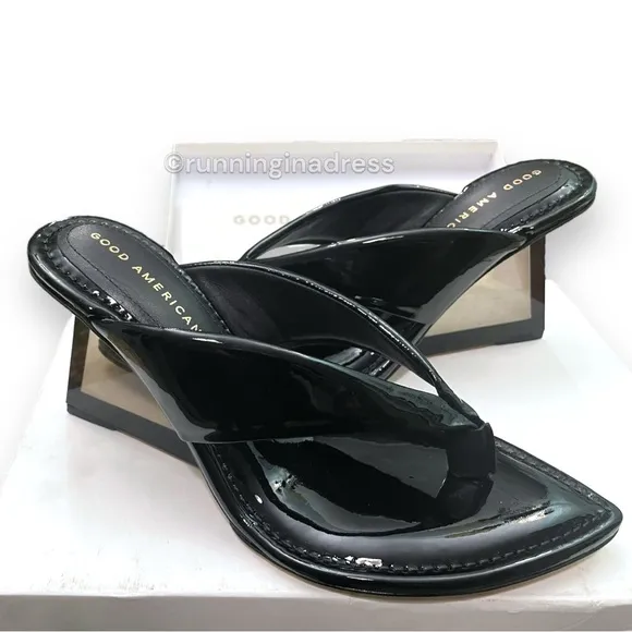 NWB Good American Cinder-F*CKING-RELLA Wedge Black Patent Thong Size 7
