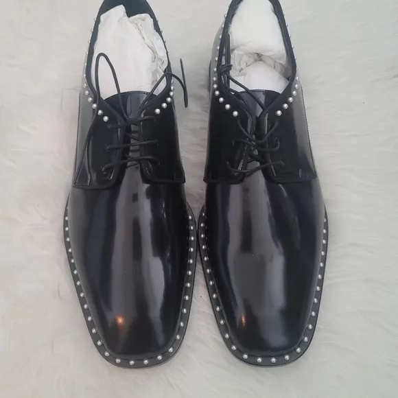NWB Jimmy Choo Shiny Black Leather Oxford Shoe with Pearl Detailing